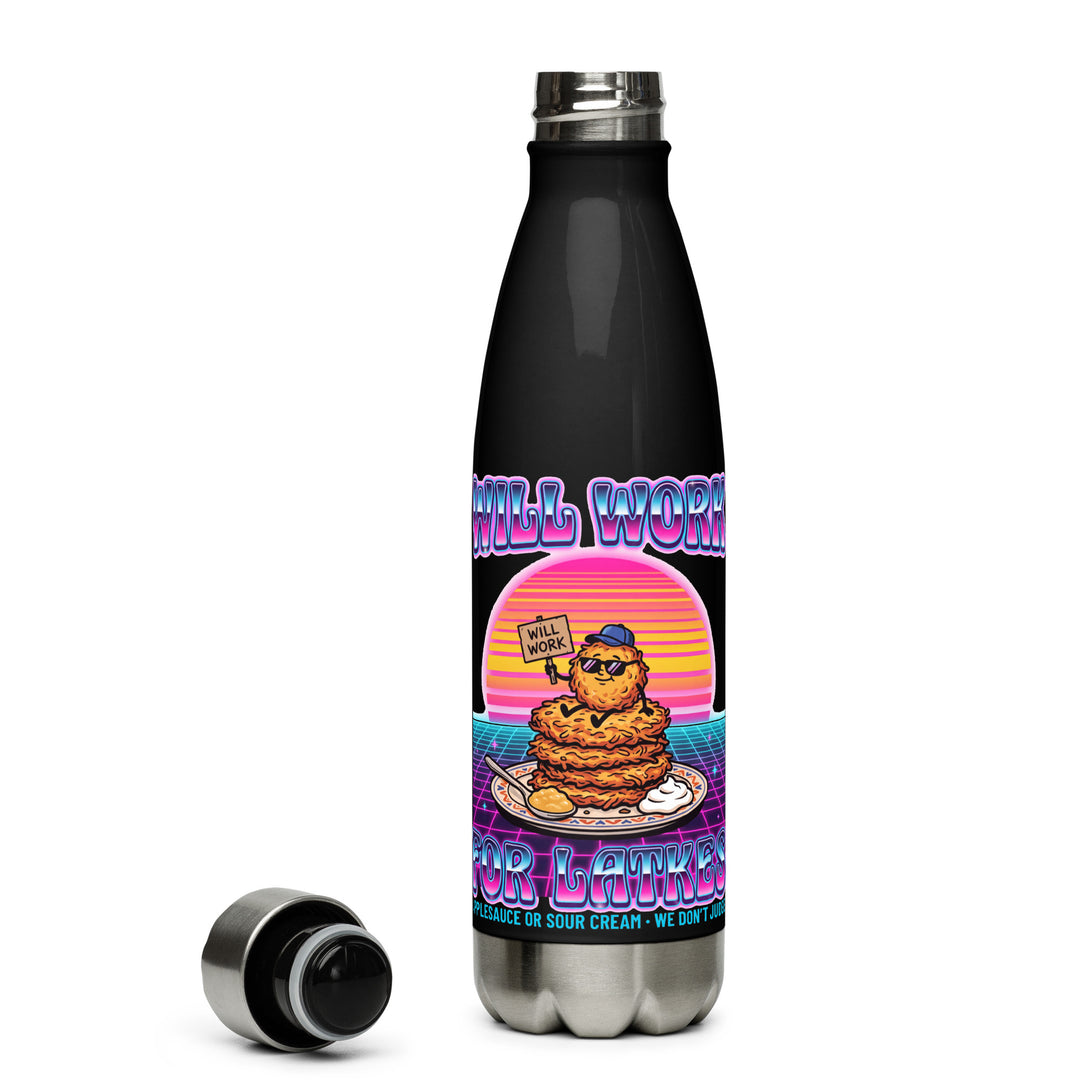 Will Work for Latkes 80s Jewish pride stainless steel water bottle in Black - front view