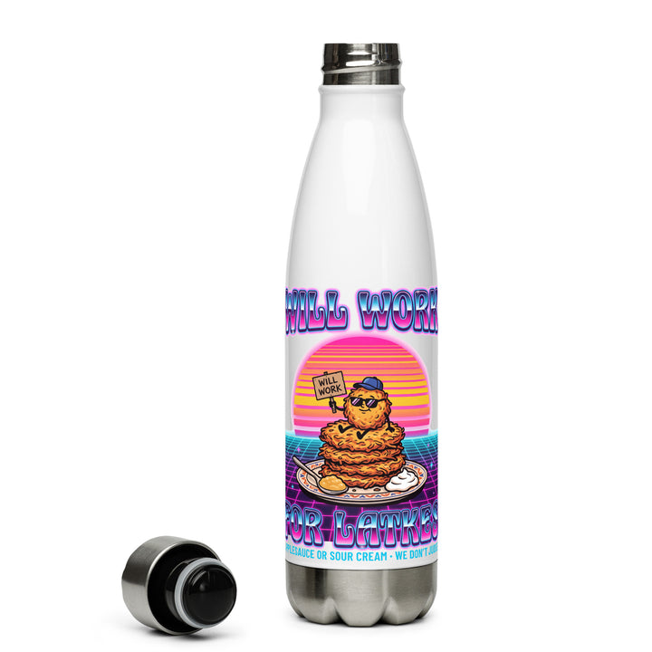 Will Work for Latkes 80s Jewish pride stainless steel water bottle in White - flat lay