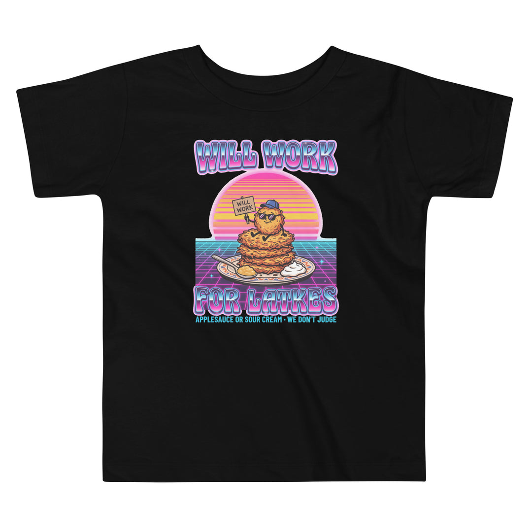 Will Work for Latkes 80s Jewish pride kids short sleeve tee in Black - front view