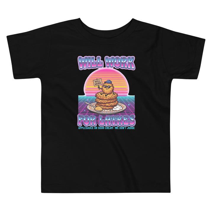 Will Work for Latkes 80s Jewish pride kids short sleeve tee in Black - front view