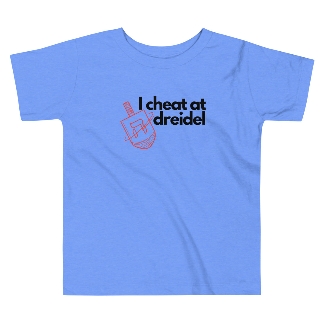 I Cheat At Dreidel Jewish pride kids short sleeve tee in Heather Columbia Blue - front view