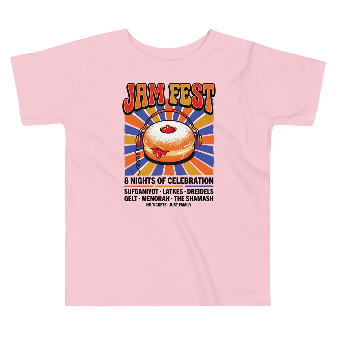 Jam Fest 8 Nights Jewish pride kids short sleeve tee in Pink - front view