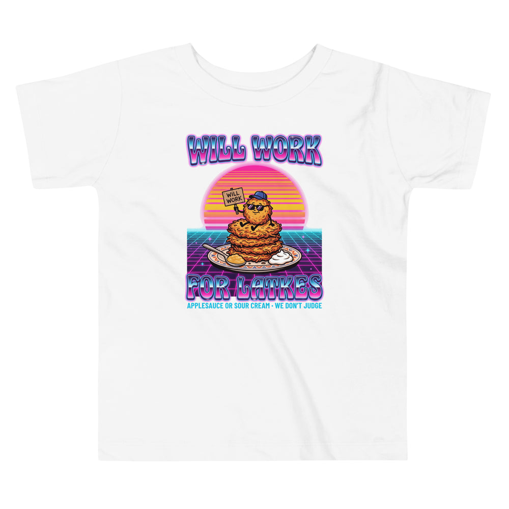 Will Work for Latkes 80s Jewish pride kids short sleeve tee in White - back view