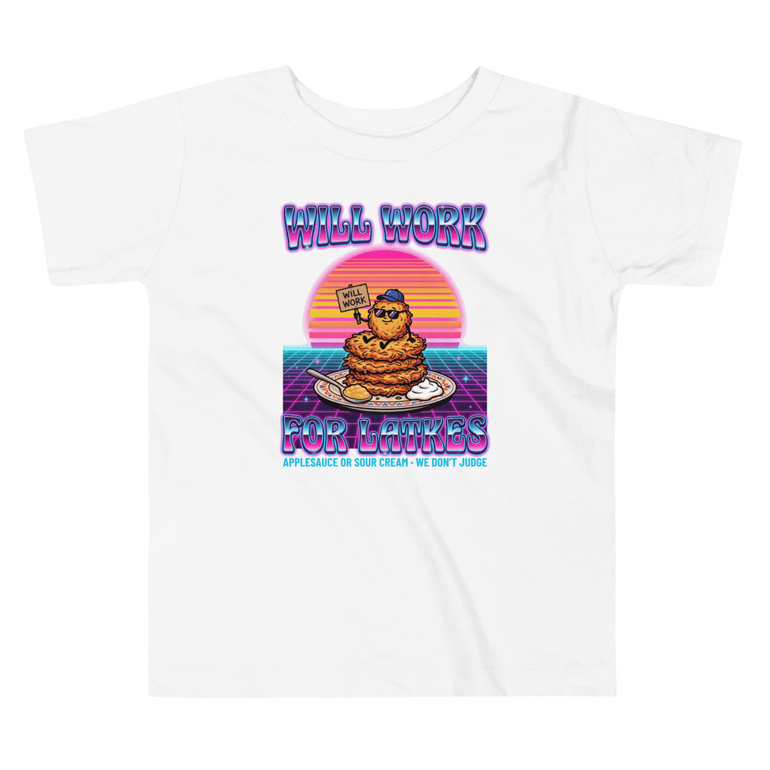 Will Work for Latkes 80s Jewish pride kids short sleeve tee in White - back view