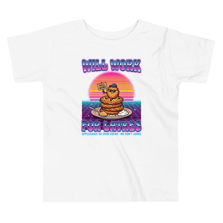Will Work for Latkes 80s Jewish pride kids short sleeve tee in White - back view