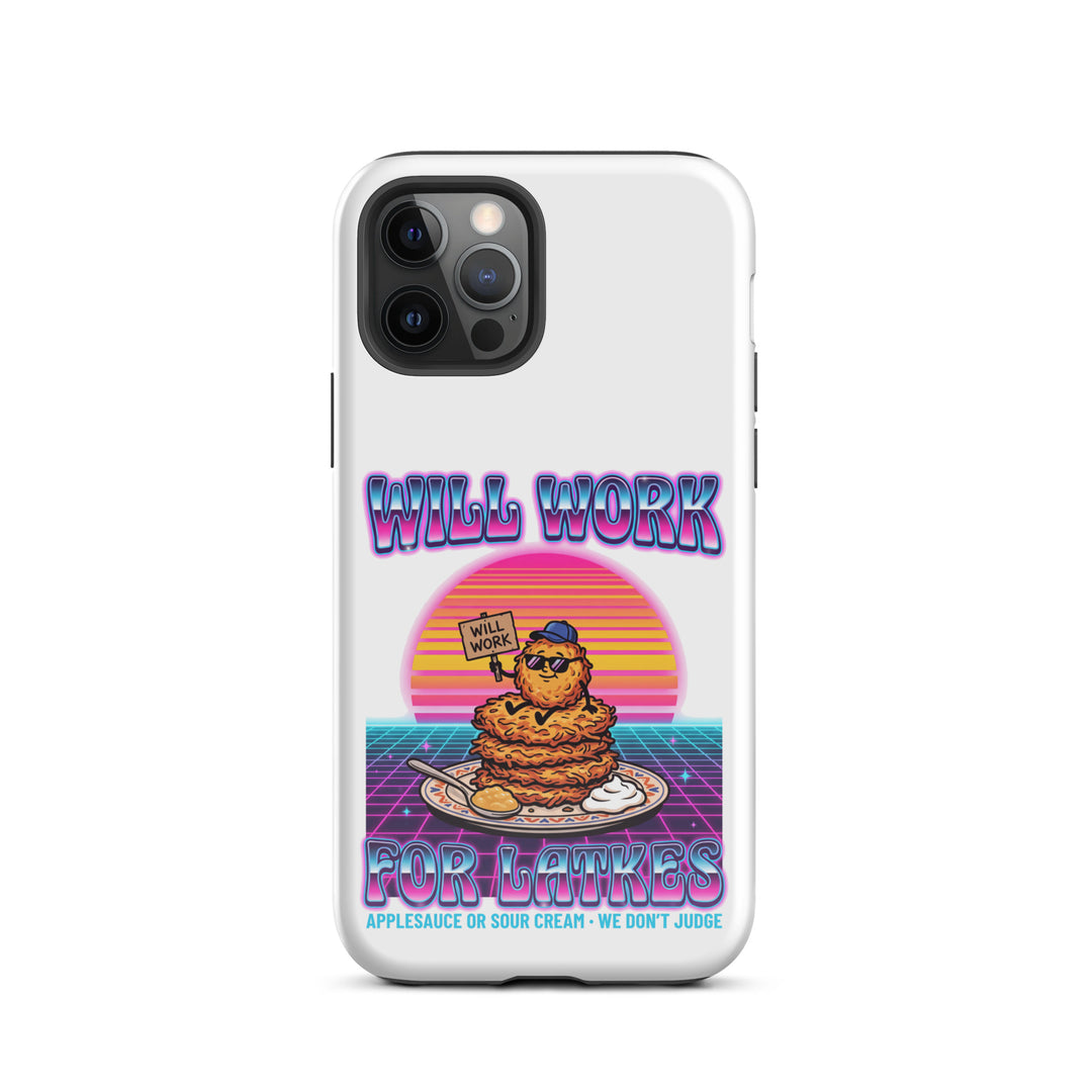 Will Work for Latkes 80s Jewish pride tough phone case for iPhone 12 Pro, glossy finish - front view