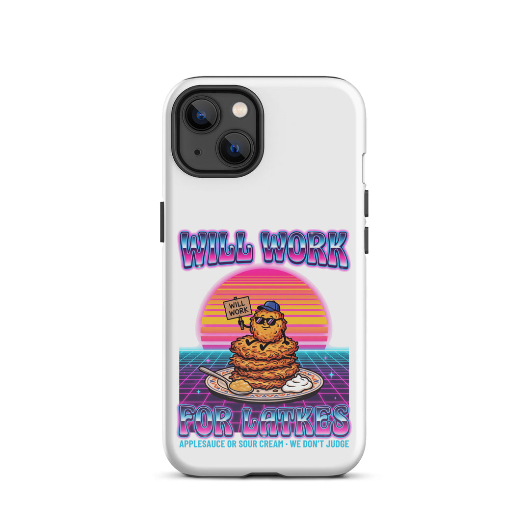 Will Work for Latkes 80s Jewish pride tough phone case for iPhone 13, glossy finish - front view