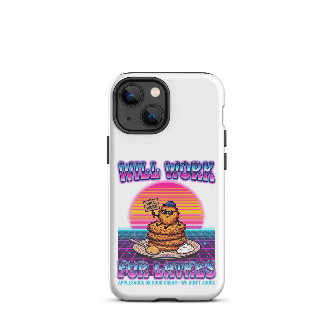 Will Work for Latkes 80s Jewish pride tough phone case for iPhone 13 Mini, glossy finish - front view