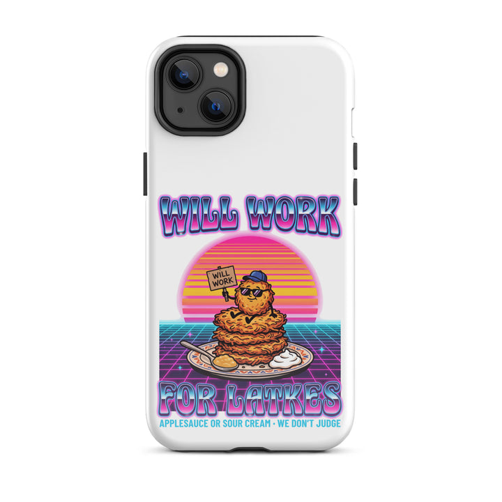 Will Work for Latkes 80s Jewish pride tough phone case for iPhone 14 Plus, glossy finish - front view