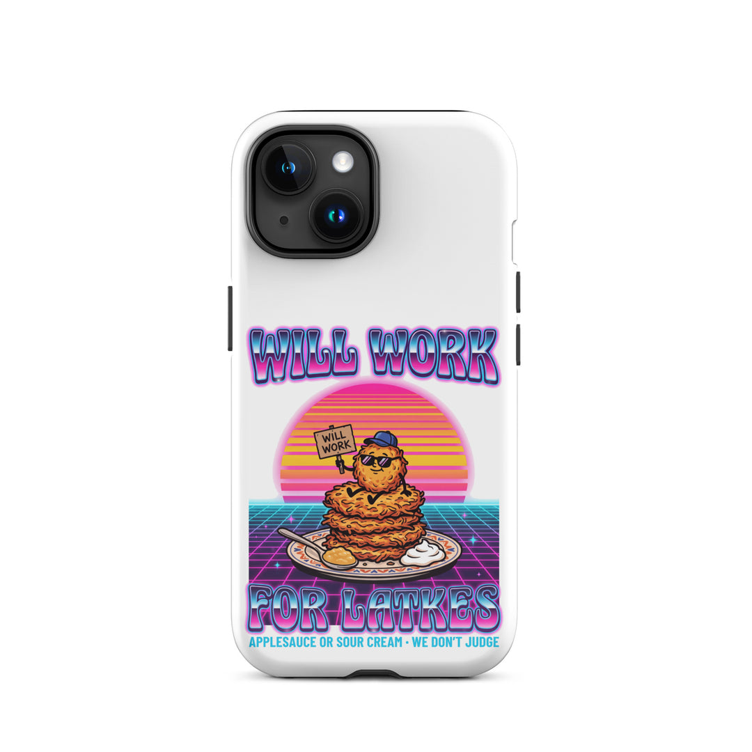 Will Work for Latkes 80s Jewish pride tough phone case for iPhone 15, glossy finish - front view