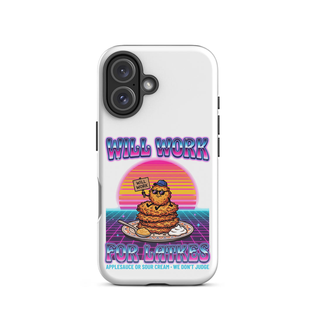 Will Work for Latkes 80s Jewish pride tough phone case for iPhone 16, glossy finish - front view