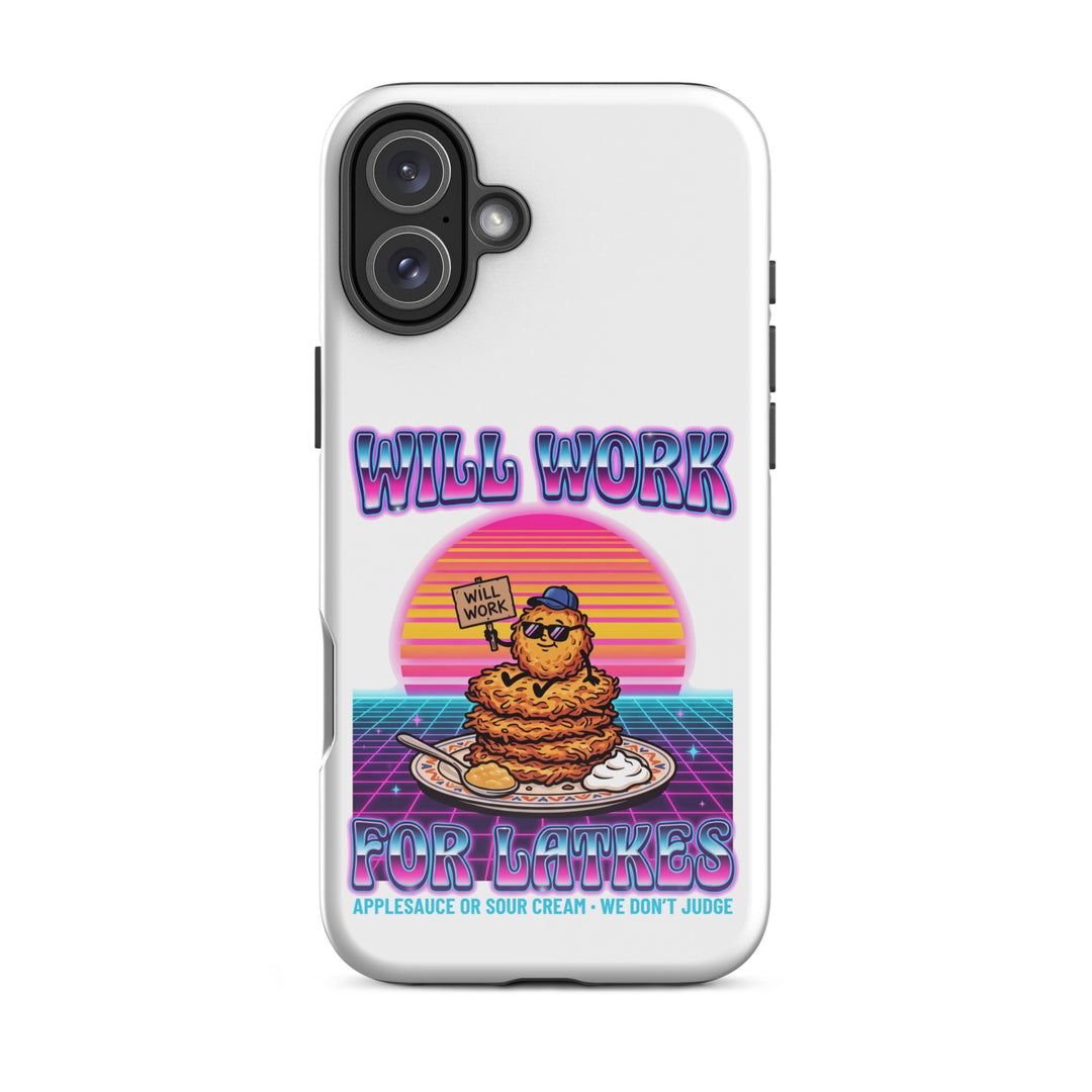 Will Work for Latkes 80s Jewish pride tough phone case for iPhone 16 Plus, glossy finish - front view