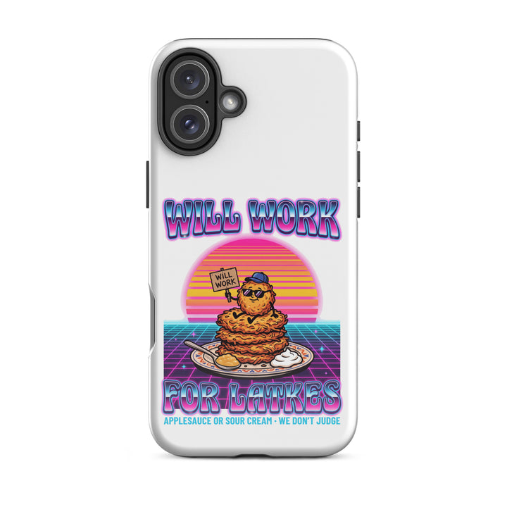 Will Work for Latkes 80s Jewish pride tough phone case for iPhone 16 Plus, glossy finish - front view
