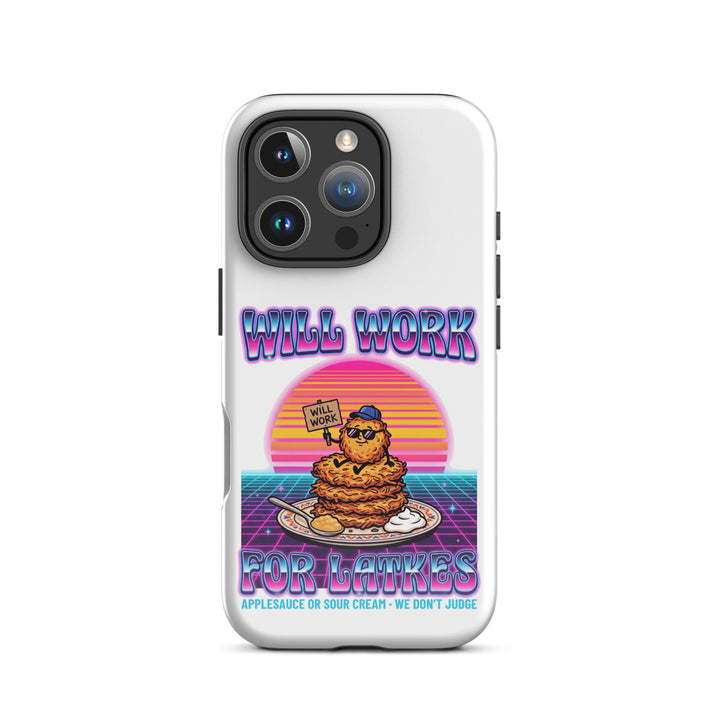 Will Work for Latkes 80s Jewish pride tough phone case for iPhone 16 Pro, glossy finish - front view