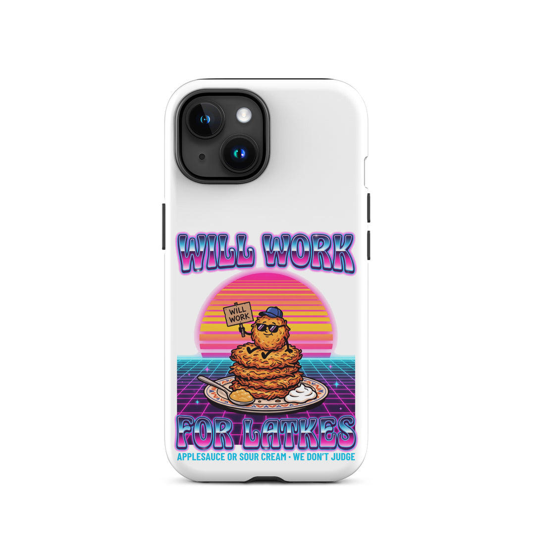 Will Work for Latkes 80s Jewish pride tough phone case for iPhone 15, matte finish - front view