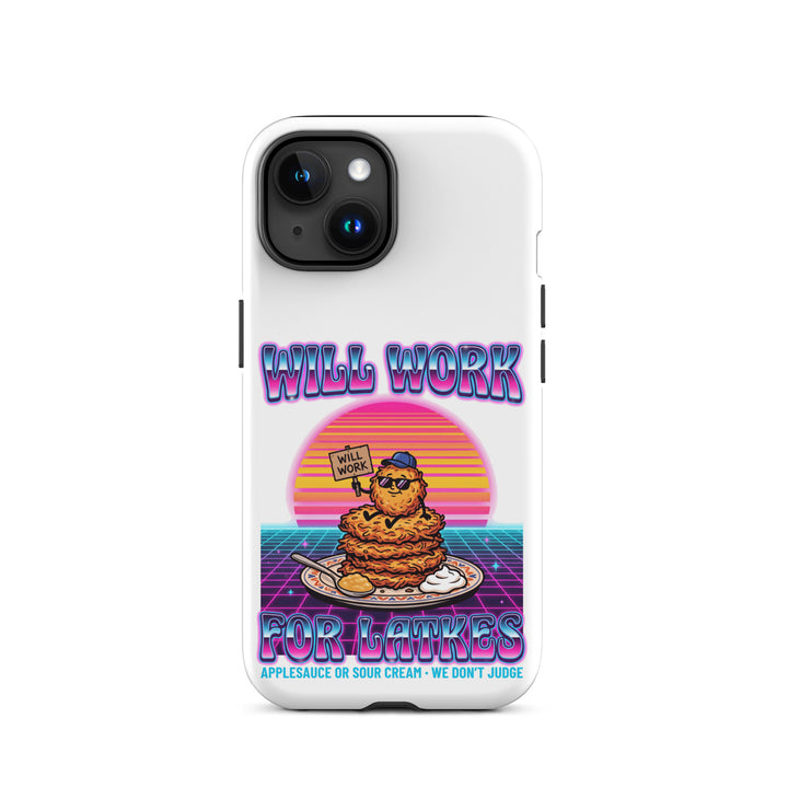 Will Work for Latkes 80s Jewish pride tough phone case for iPhone 15, matte finish - front view