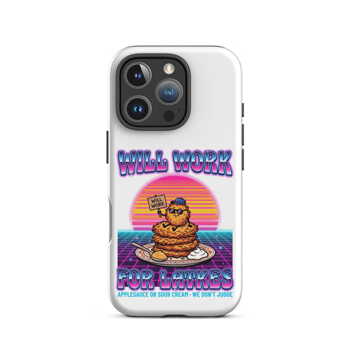Will Work for Latkes 80s Jewish pride tough phone case for iPhone 16 Pro, matte finish - front view