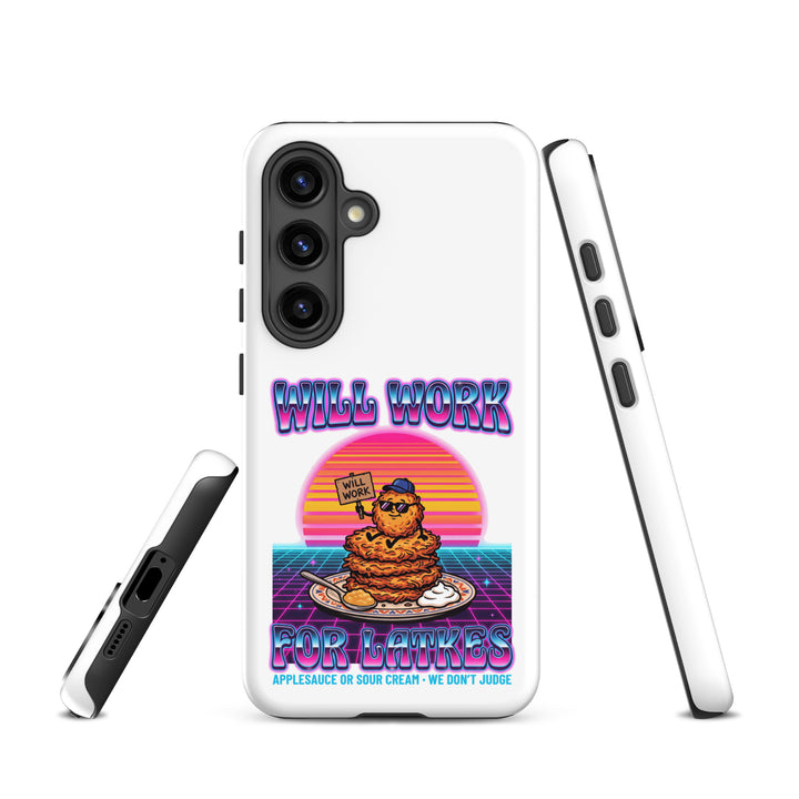 Will Work for Latkes 80s Jewish pride tough phone case for Samsung Galaxy S24, glossy finish - front view