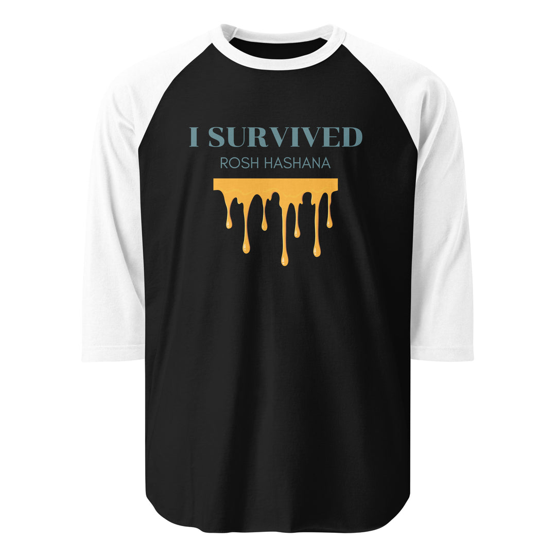 I Survived Rosh HaShana Jewish pride 3/4 sleeve raglan shirt in Black/White - back view