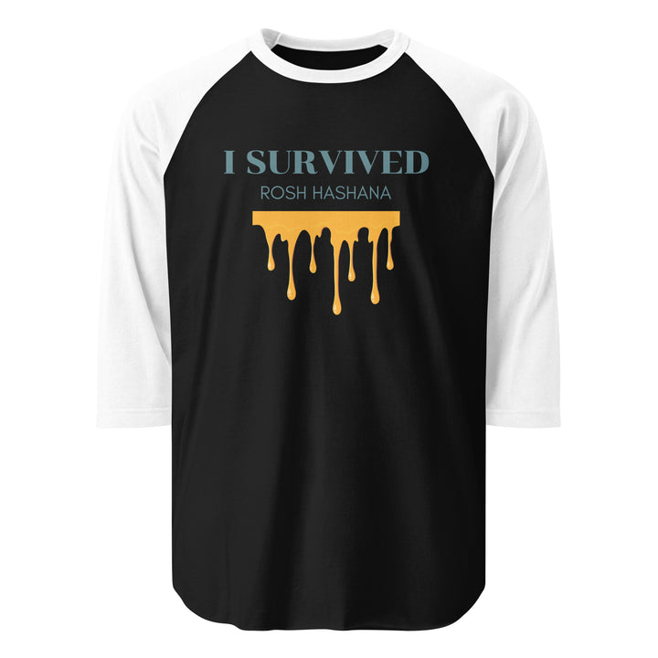 I Survived Rosh HaShana Jewish pride 3/4 sleeve raglan shirt in Black/White - back view