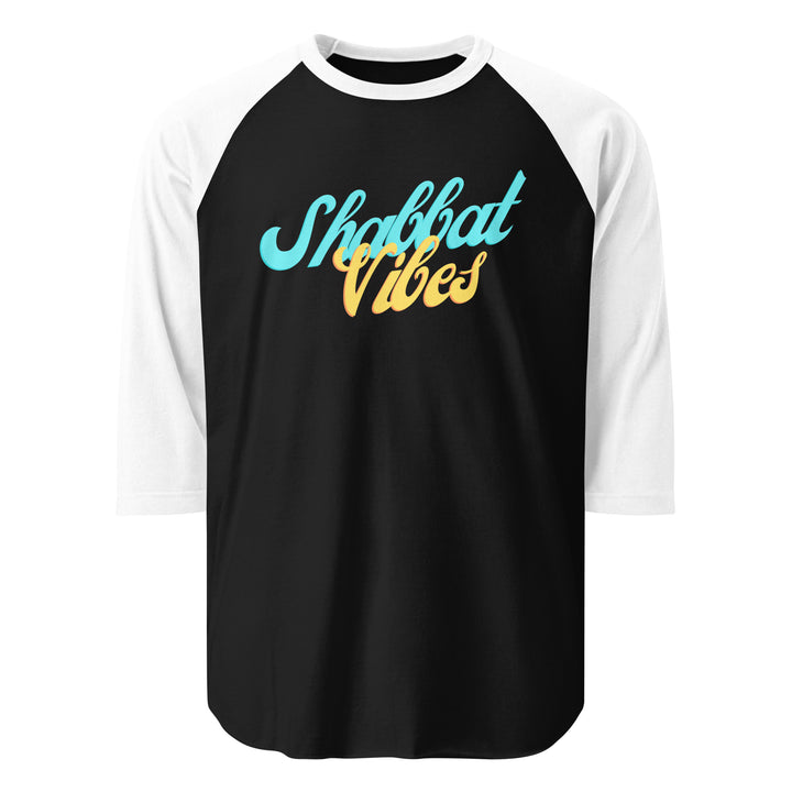 Shabbat Vibes Jewish pride 3/4 sleeve raglan shirt in Black/White - front view