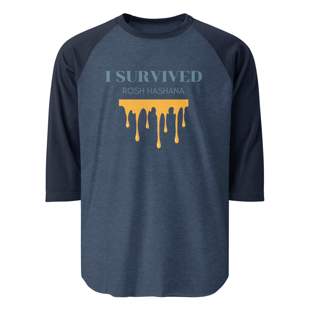 I Survived Rosh HaShana Jewish pride 3/4 sleeve raglan shirt in Heather Denim/Navy - detail view