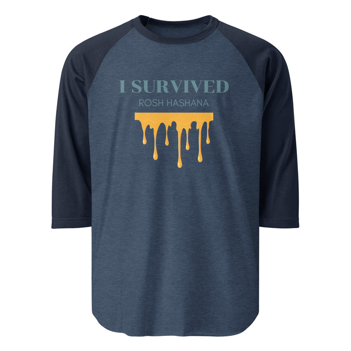 I Survived Rosh HaShana Jewish pride 3/4 sleeve raglan shirt in Heather Denim/Navy - detail view