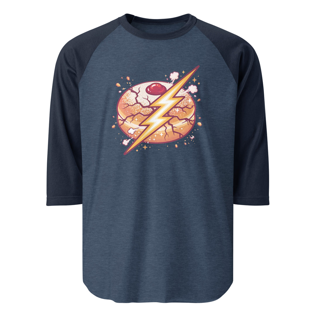 Sufganiyah Lightning Jewish pride 3/4 sleeve raglan shirt in Heather Denim/Navy - front view