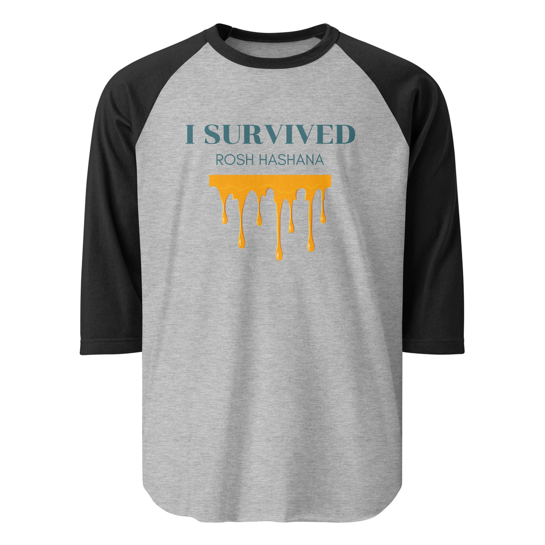 I Survived Rosh HaShana Jewish pride 3/4 sleeve raglan shirt in Heather Grey/Black - close-up