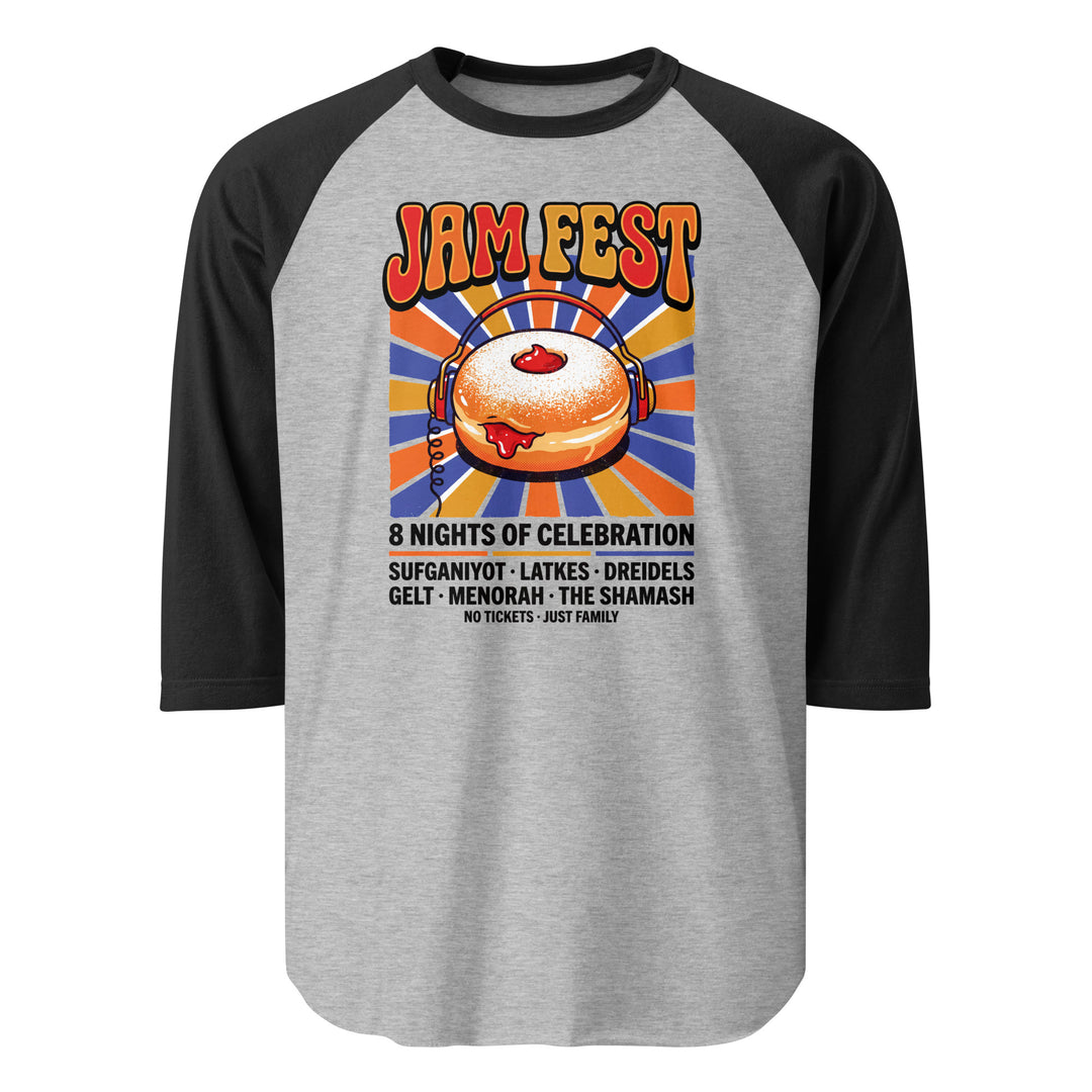 Jam Fest 8 Nights Jewish pride 3/4 sleeve raglan shirt in Heather Grey/Black - back view