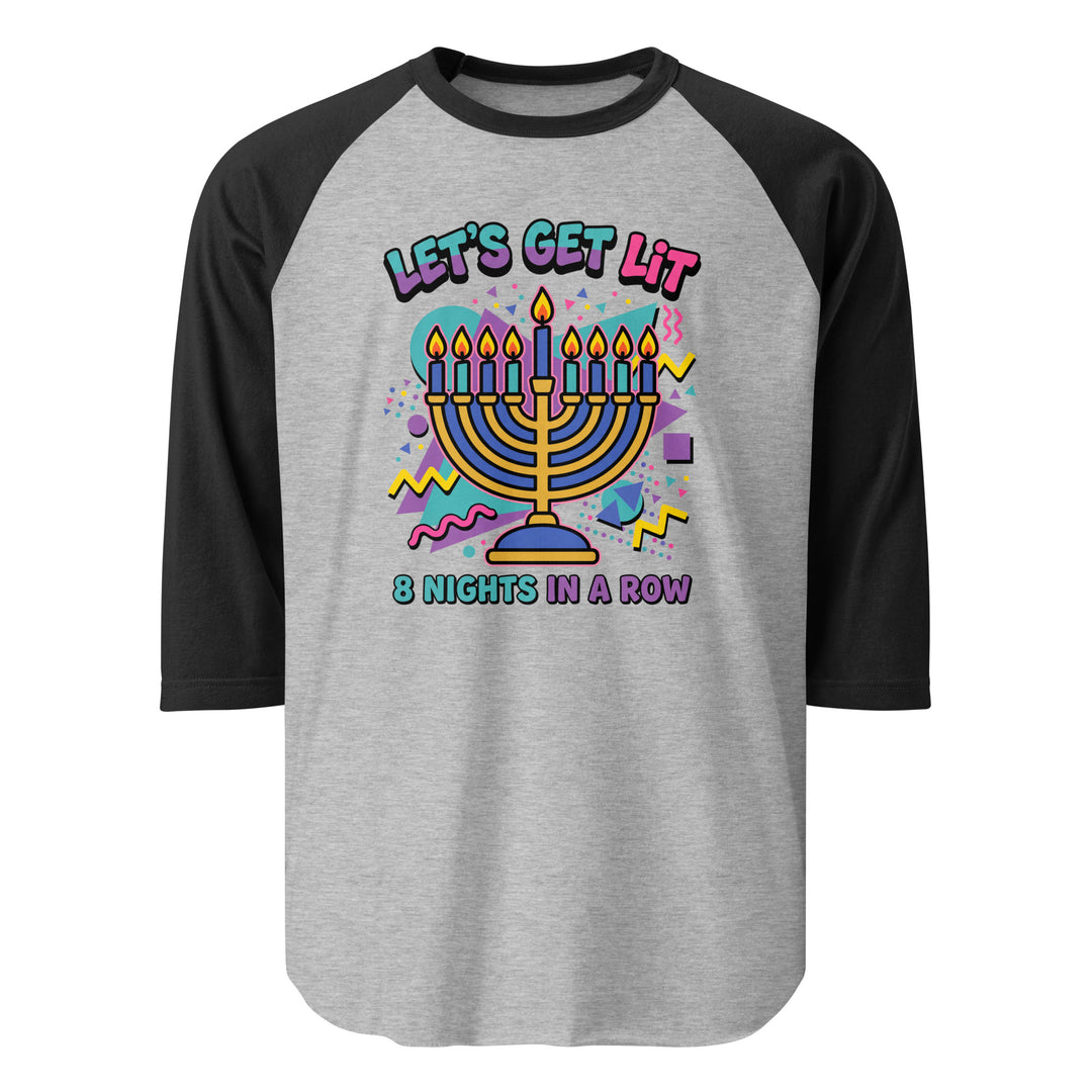 Lets Get Lit 90s Jewish pride 3/4 sleeve raglan shirt in Heather Grey/Black - front view