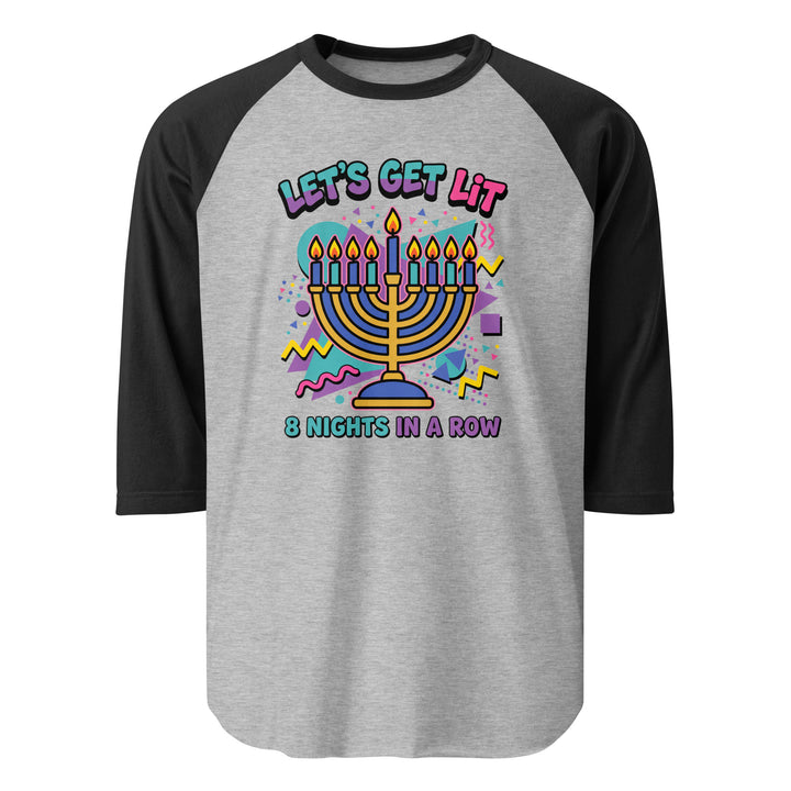 Lets Get Lit 90s Jewish pride 3/4 sleeve raglan shirt in Heather Grey/Black - front view