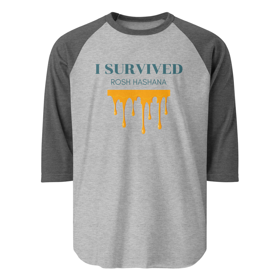 I Survived Rosh HaShana Jewish pride 3/4 sleeve raglan shirt in Heather Grey/Heather Charcoal - flat lay