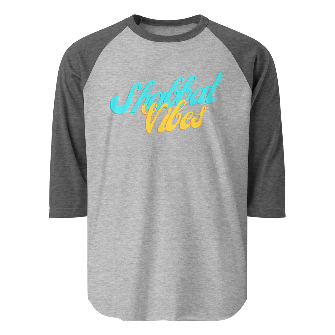 Shabbat Vibes Jewish pride 3/4 sleeve raglan shirt in Heather Grey/Heather Charcoal - detail view