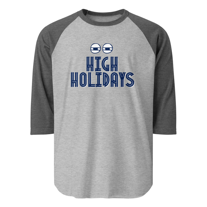 High Holidays Jewish pride 3/4 sleeve raglan shirt in Heather Grey/Heather Charcoal - detail view