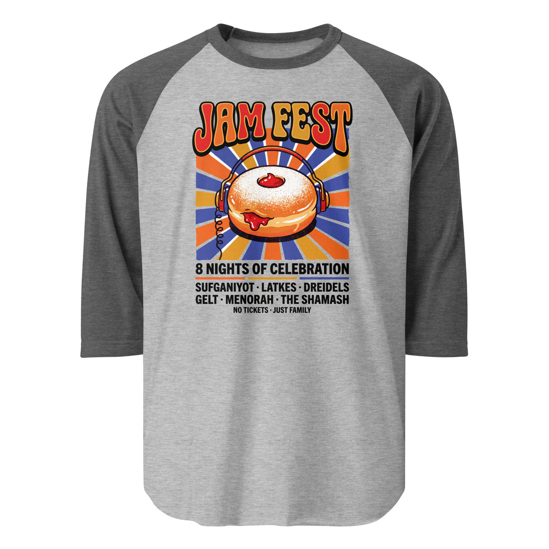 Jam Fest 8 Nights Jewish pride 3/4 sleeve raglan shirt in Heather Grey/Heather Charcoal - detail view