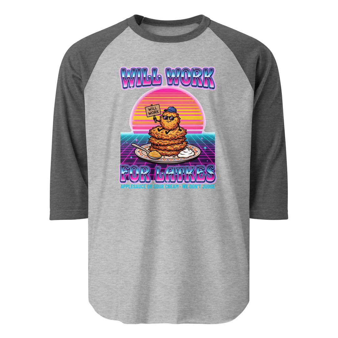 Will Work for Latkes 80s Jewish pride 3/4 sleeve raglan shirt in Heather Grey/Heather Charcoal - detail view