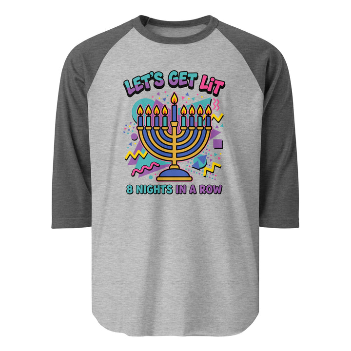 Lets Get Lit 90s Jewish pride 3/4 sleeve raglan shirt in Heather Grey/Heather Charcoal - back view