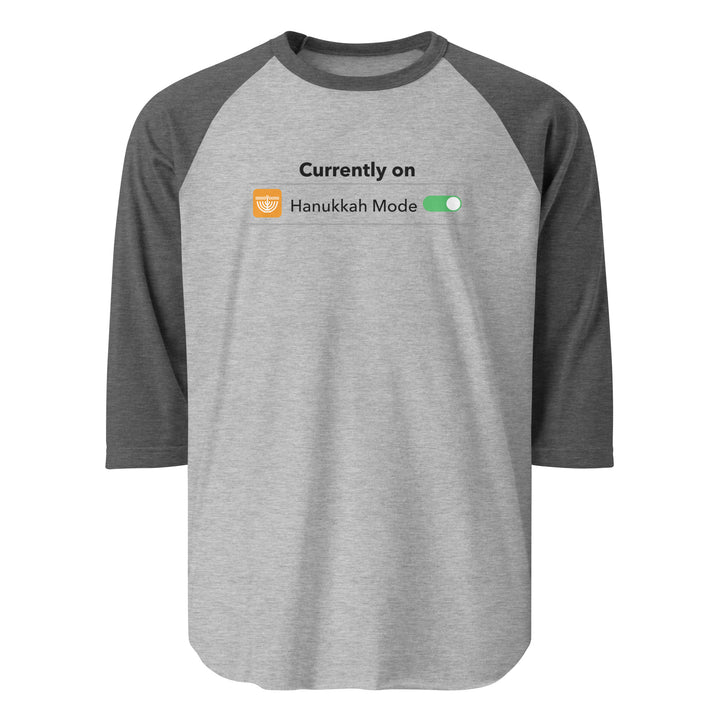 Hanukkah Mode Jewish pride 3/4 sleeve raglan shirt in Heather Grey/Heather Charcoal - detail view