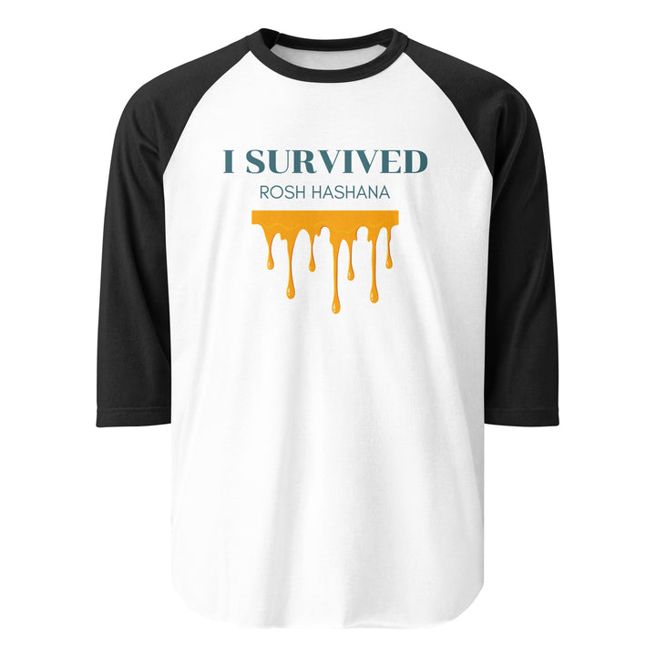 I Survived Rosh HaShana Jewish pride 3/4 sleeve raglan shirt in White/Black - front view