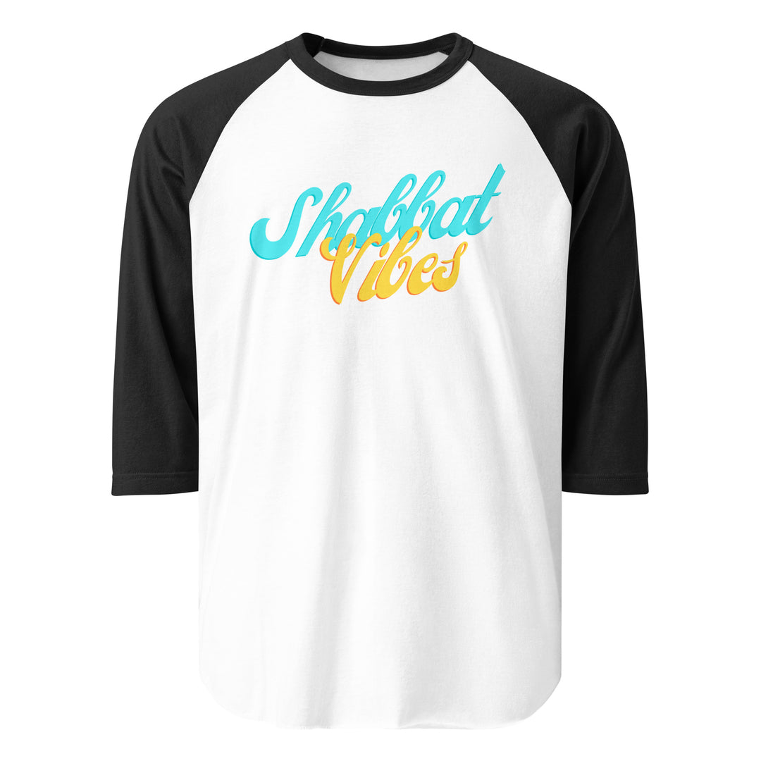 Shabbat Vibes Jewish pride 3/4 sleeve raglan shirt in White/Black - close-up