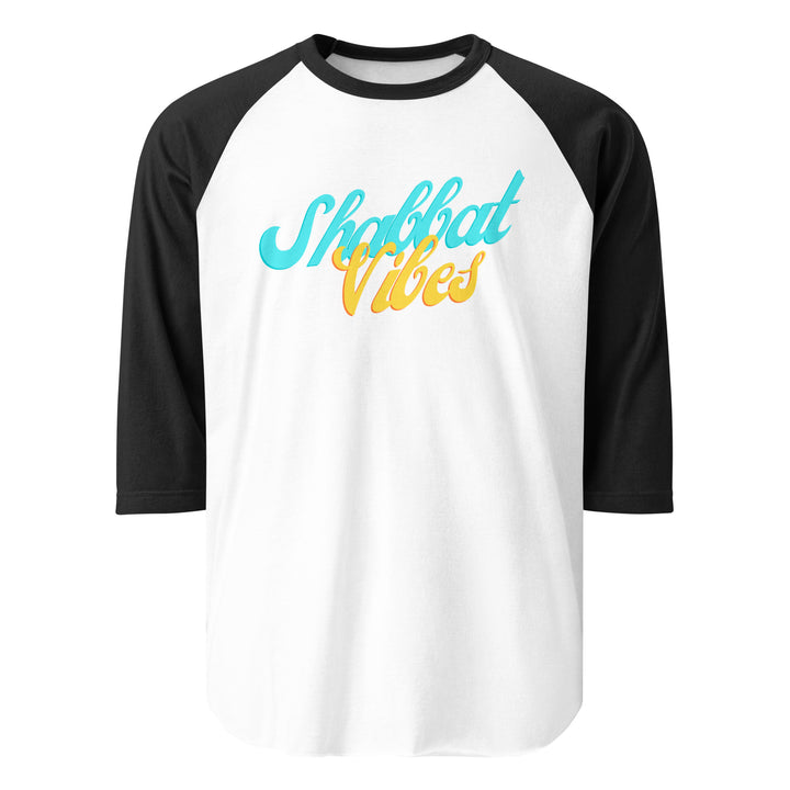 Shabbat Vibes Jewish pride 3/4 sleeve raglan shirt in White/Black - close-up