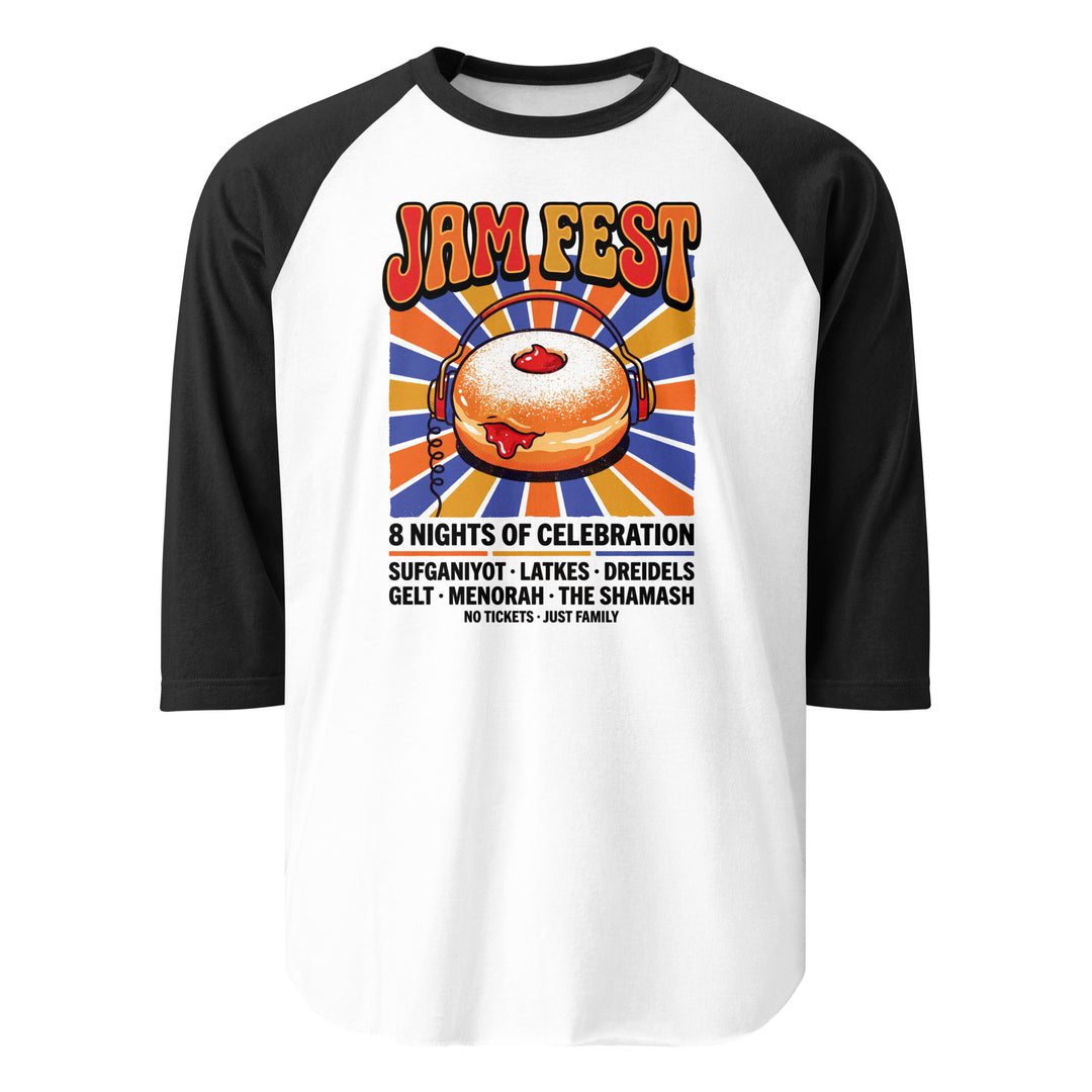 Jam Fest 8 Nights Jewish pride 3/4 sleeve raglan shirt in White/Black - front view
