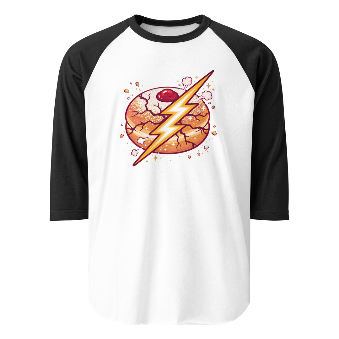 Sufganiyah Lightning Jewish pride 3/4 sleeve raglan shirt in White/Black - flat lay