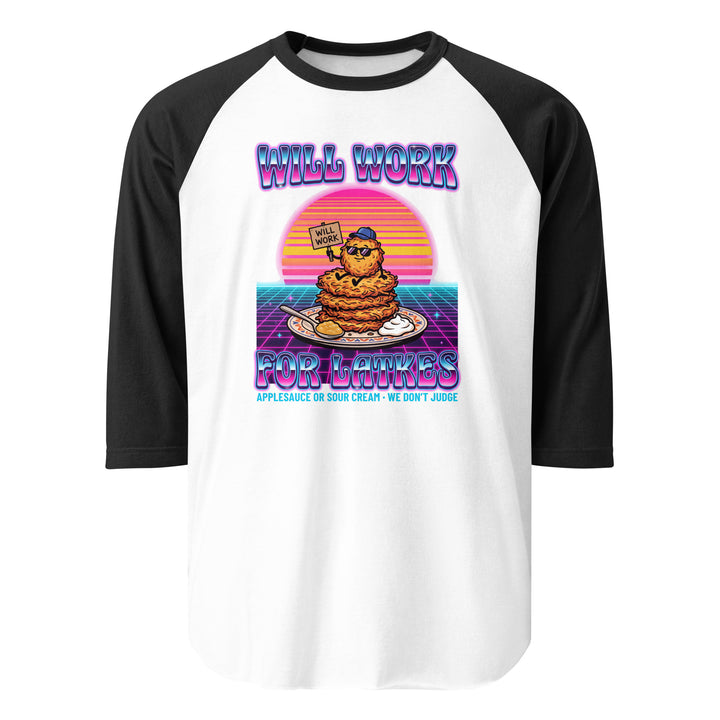 Will Work for Latkes 80s Jewish pride 3/4 sleeve raglan shirt in White/Black - close-up