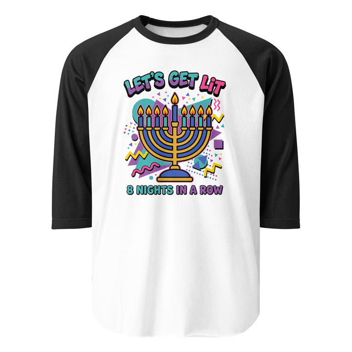 Lets Get Lit 90s Jewish pride 3/4 sleeve raglan shirt in White/Black - detail view
