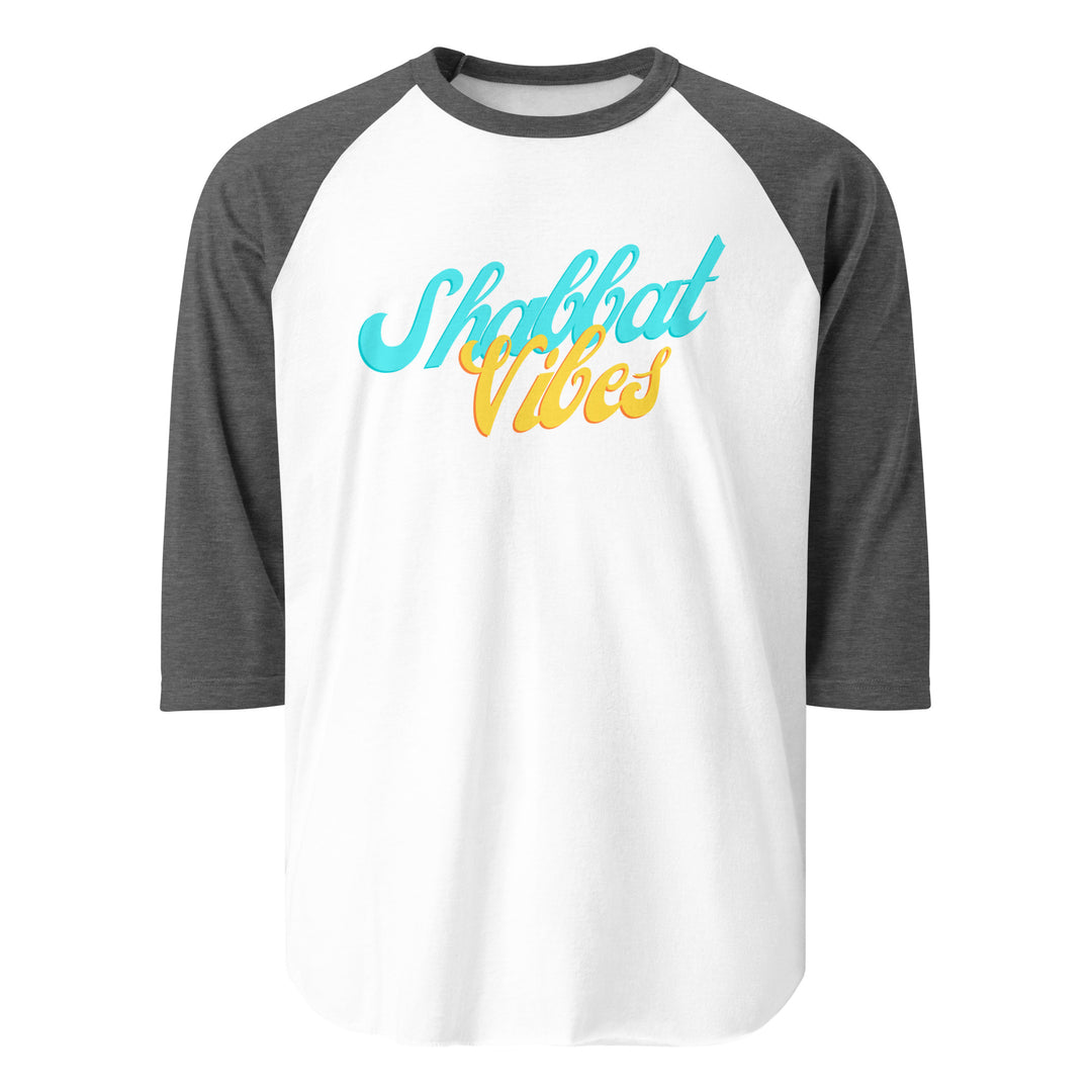 Shabbat Vibes Jewish pride 3/4 sleeve raglan shirt in White/Heather Charcoal - folded view