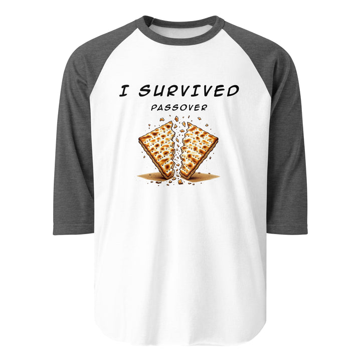 Passover Jewish pride 3/4 sleeve raglan shirt in White/Heather Charcoal - detail view