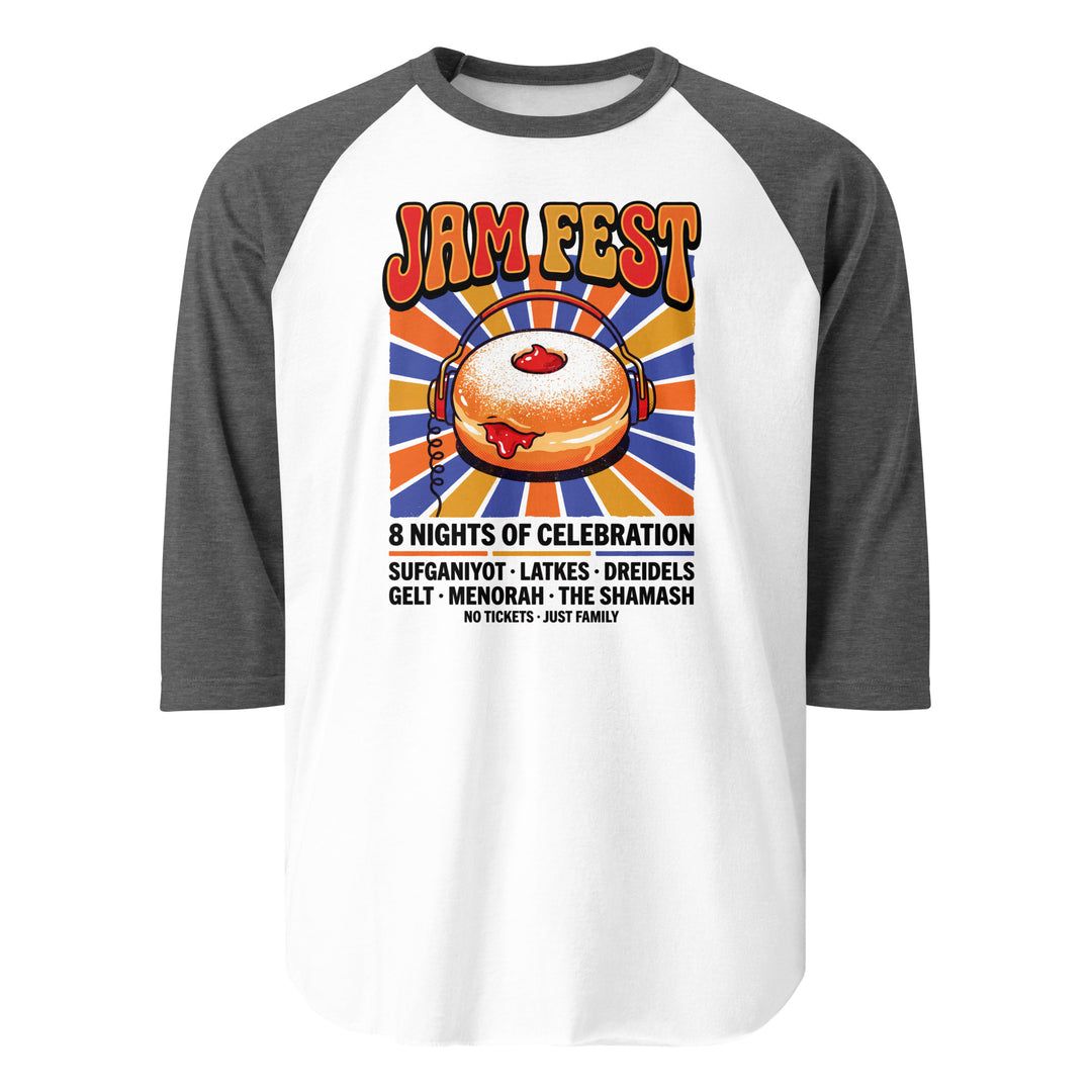Jam Fest 8 Nights Jewish pride 3/4 sleeve raglan shirt in White/Heather Charcoal - side view