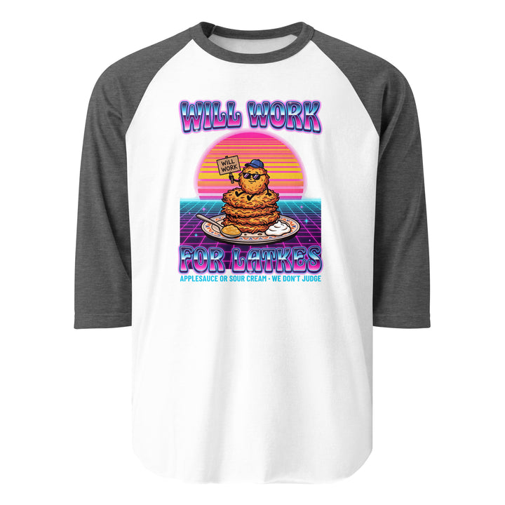 Will Work for Latkes 80s Jewish pride 3/4 sleeve raglan shirt in White/Heather Charcoal - folded view
